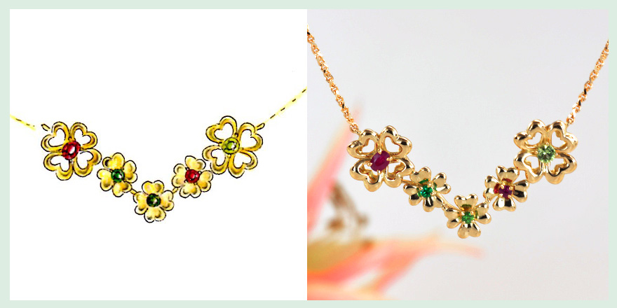 緑、赤、黄色の宝石の彩りがかわいいい花びらの18金ネックレスのオーダーメイドジュエリー