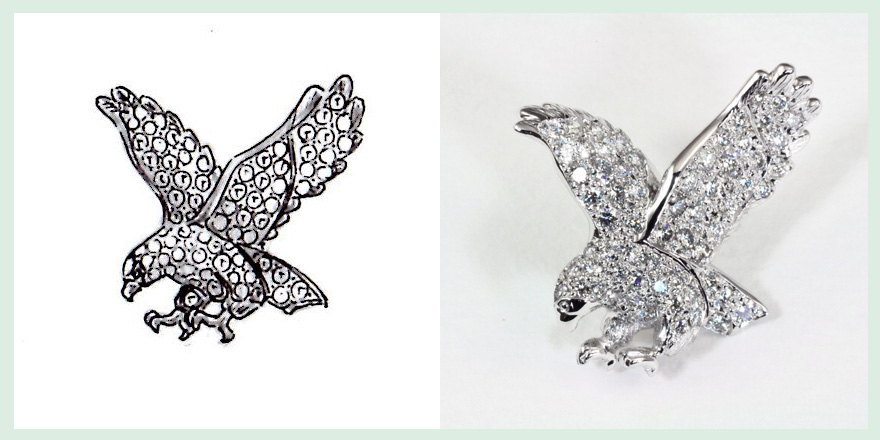 今にも獲物をとらえようとする鷲が特徴的なデザインのダイヤモンドブローチのオーダーメイドジュエリー